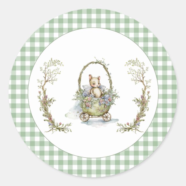 Sweet Fairytale Animal Green Gingham Baby Shower Classic Round Sticker (Front)