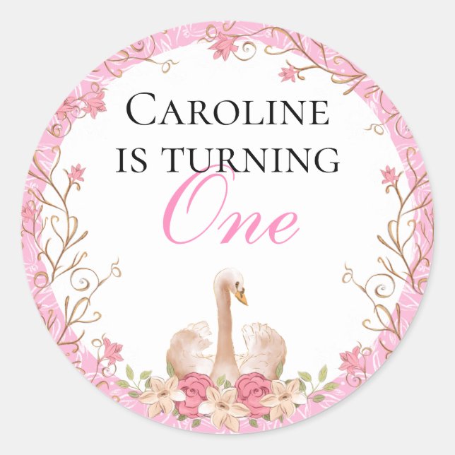 Sweet Fairytale Swan Pink Floral Birthday Classic Round Sticker (Front)