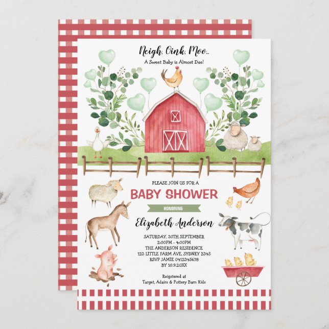 Sweet Farm Animals Barnyard Baby Shower Invitation (Front/Back)