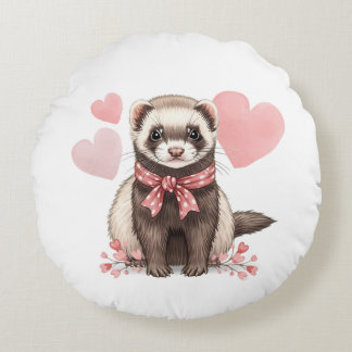 Sweet Ferret Kawaii Pink Hearts Round Cushion