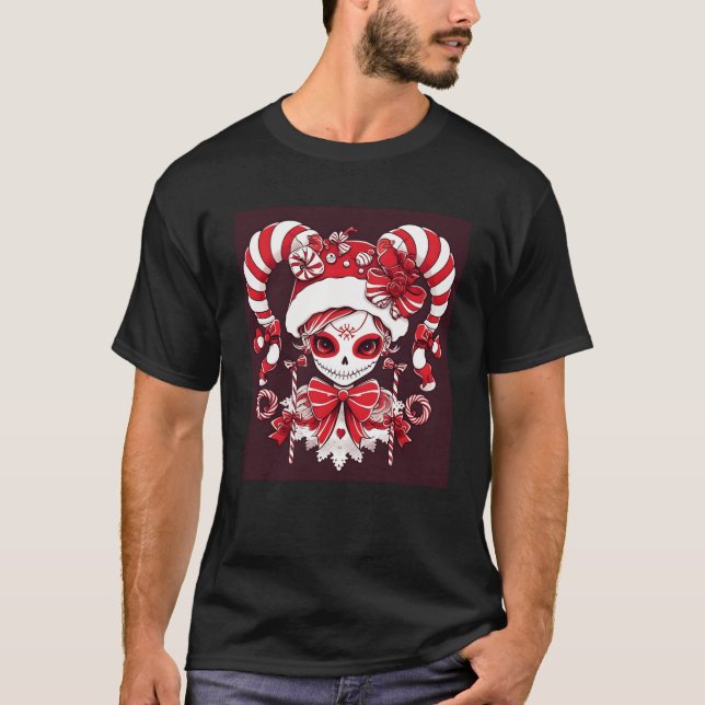 Sweet Festivity Christmas Skull Adorned with Candy T-Shirt (Front)