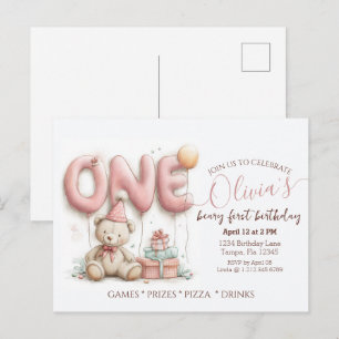 Sweet First Birthday Invitation with Teddy Bear Postcard