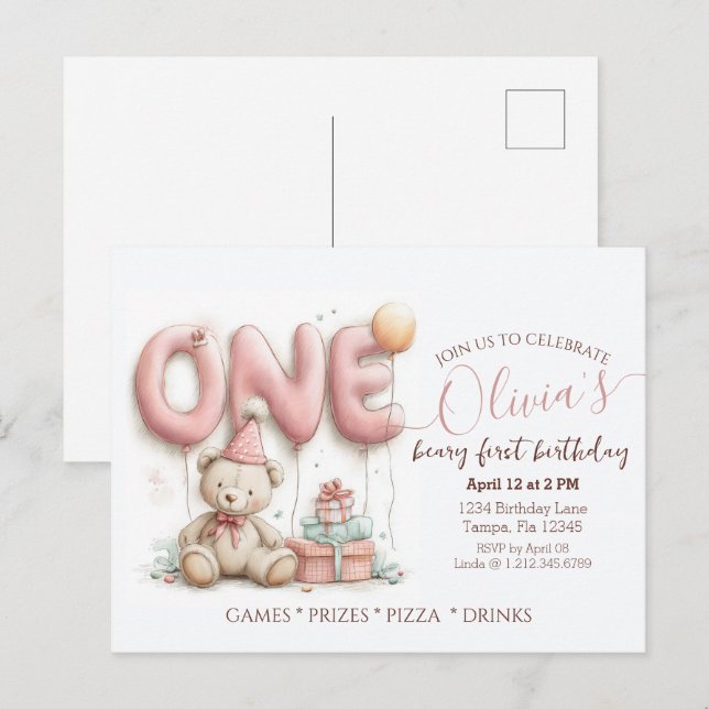 Sweet First Birthday Invitation with Teddy Bear  Postcard (Front/Back)