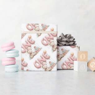 Sweet First Birthday Sticker with Teddy Bear  Wrapping Paper