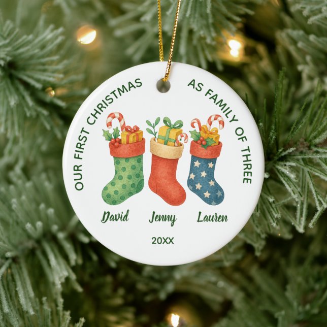 Sweet First Christmas Family of Three Photo Ceramic Ornament (Tree)
