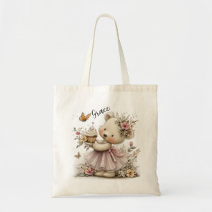 Sweet Floral Bear Illustration with Cupcake Charm Tote Bag