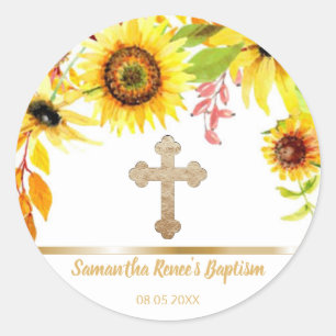 Sweet Floral Gold Cross Baby Baptism Favour Classic Round Sticker