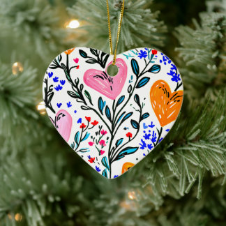 Sweet Floral Heart  Ceramic Ornament
