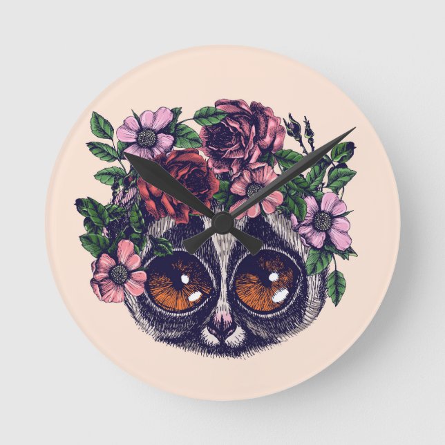 Sweet Floral Lemur Round Clock (Front)