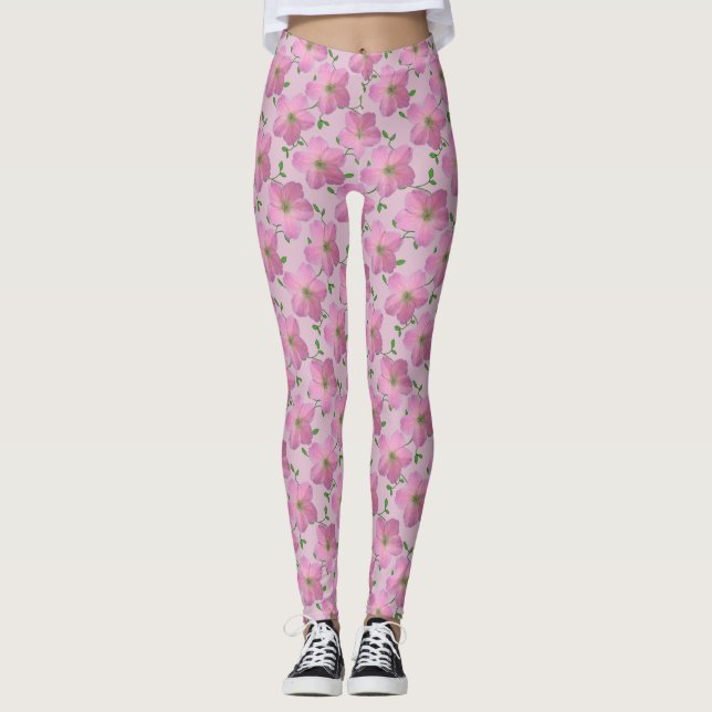 Sweet Floral Pink Garden Flower Pattern Leggings (Front)