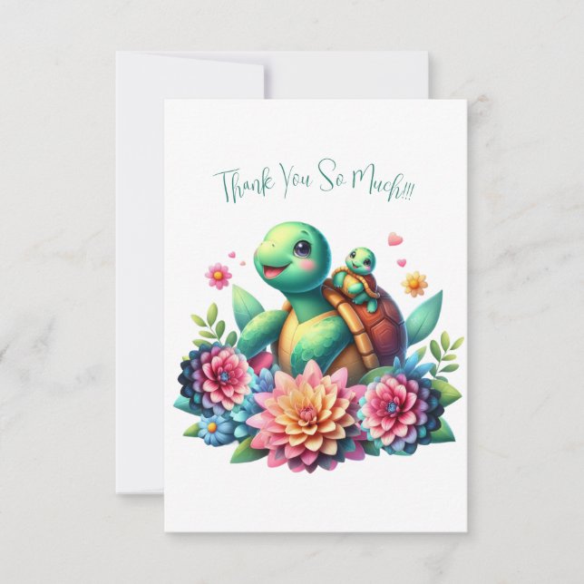 Sweet Floral Sea Turtles Thank You Note Card (Front)