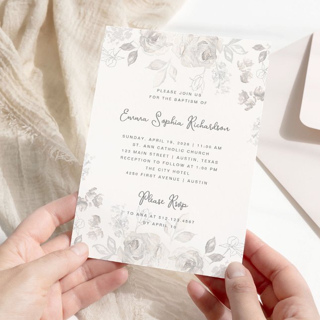 Sweet Floral Sketch | Elegant Baptism Invitation (A sweet, neutral Baptism invitation with elegant sketched flowers)