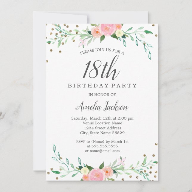 Sweet Floral Sparkle Confetti 18th Birthday Party Invitation (Front)