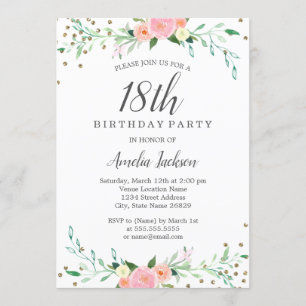 Sweet Floral Sparkle Confetti 18th Birthday Party Invitation