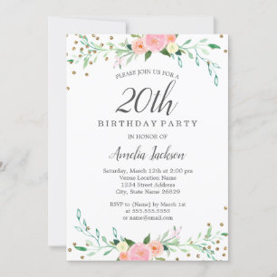 Sweet Floral Sparkle Confetti 20th Birthday Party Invitation