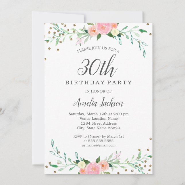 Sweet Floral Sparkle Confetti 30th Birthday Party Invitation (Front)