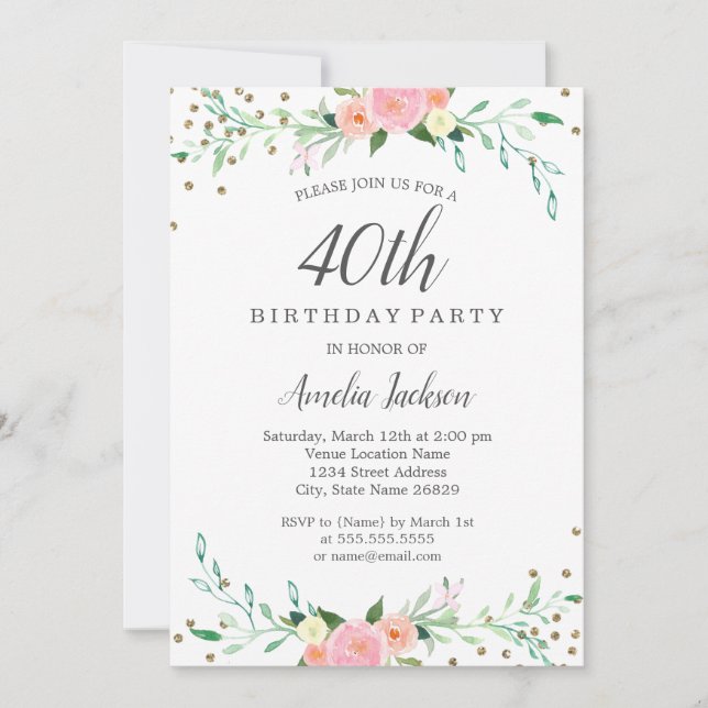 Sweet Floral Sparkle Confetti 40th Birthday Party Invitation (Front)