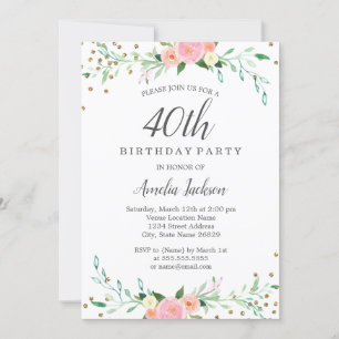 Sweet Floral Sparkle Confetti 40th Birthday Party Invitation