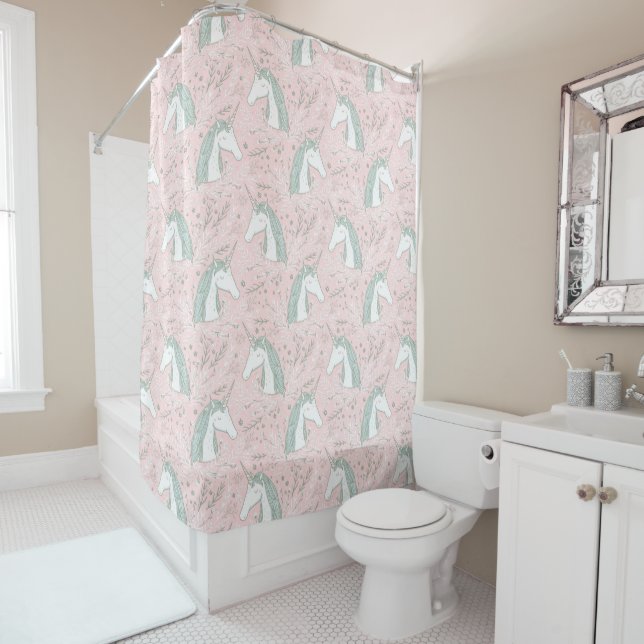 Sweet Floral Unicorn Pattern Shower Curtain (In Situ)