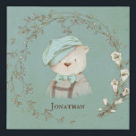 Sweet Floral Wreath Teddy Bear Overalls Hat Name Faux Canvas Print<br><div class="desc">Sweet wall art with loveable teddy bear in cute overalls and adorable hat.  Personalise with your desired name choice.  This will look so perfect in your little boys nursery or bedroom.</div>