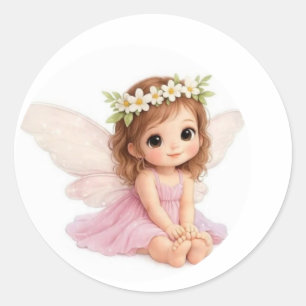 Sweet Flower Crown Girl Fairy in Pink Dress Classic Round Sticker