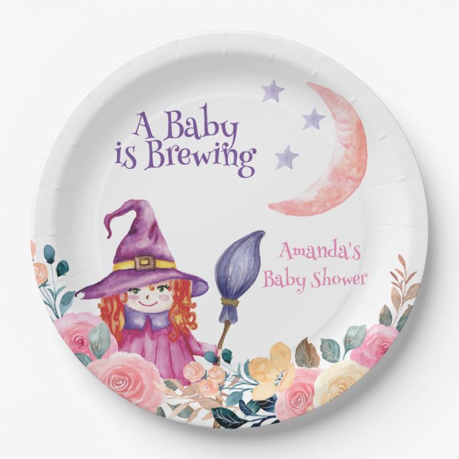 Sweet Flower Witch Cauldron Baby Brewing Shower  Paper Plate (Front)