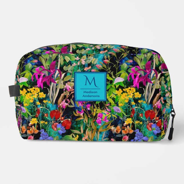 Sweet flowers leaves colourful monogram pattern dopp kit (Front)