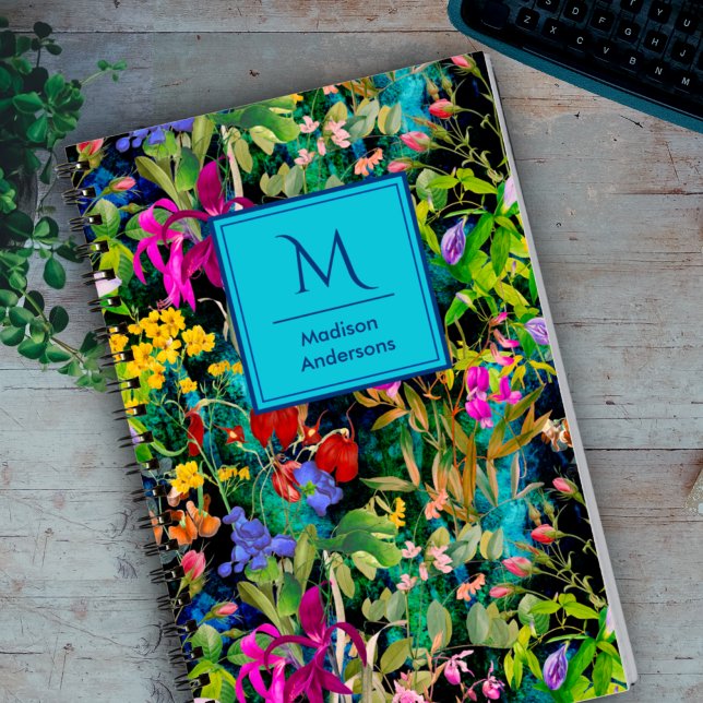 Sweet flowers leaves colourful monogram pattern notebook (Creator Uploaded)