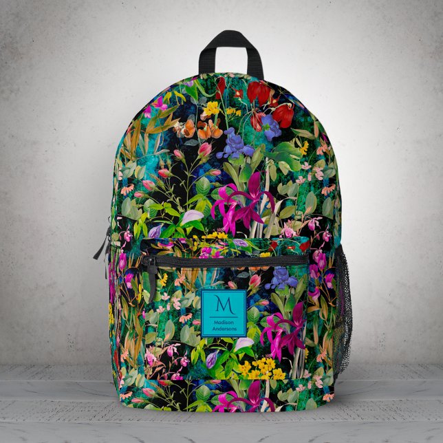 Sweet flowers leaves colourful monogram pattern printed backpack (Creator Uploaded)
