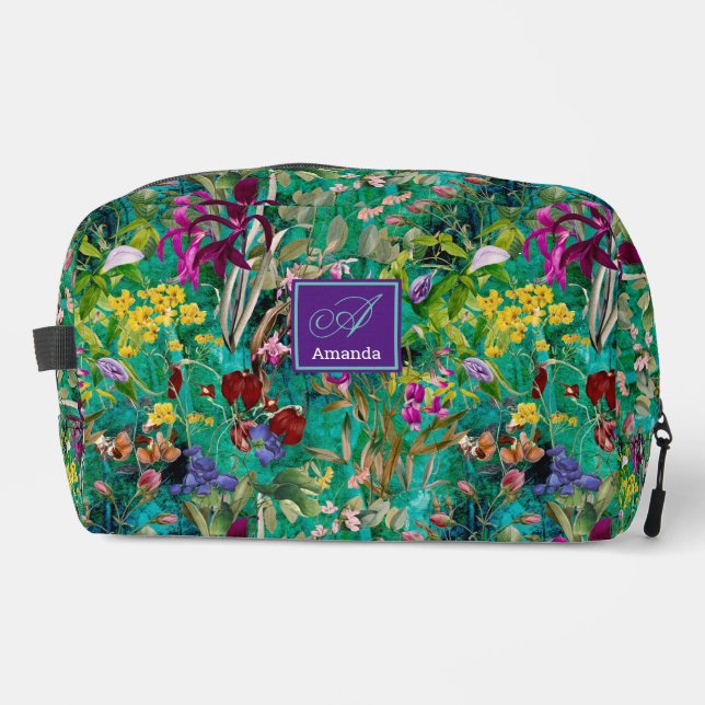 Sweet flowers leaves turquoise monogram pattern dopp kit (Front)