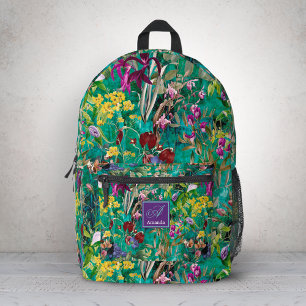 Sweet flowers leaves turquoise monogram printed backpack