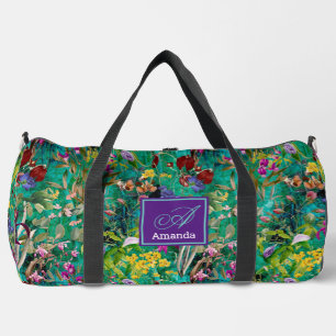 Sweet flowers leaves turquoise monogram printed duffle bag