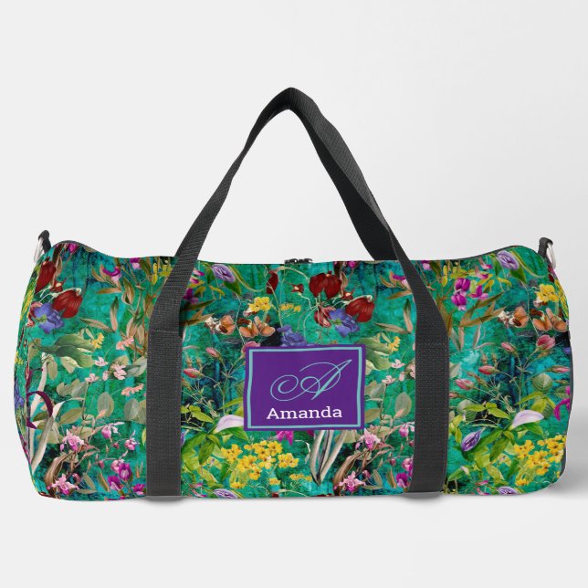 Sweet flowers leaves turquoise monogram printed duffle bag (Front)