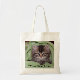 Sweet, Fluffy Grey Kitten in Green Blanket Tote Bag