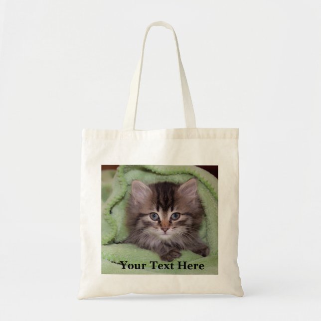 Sweet, Fluffy Grey Kitten in Green Blanket Tote Bag (Front)