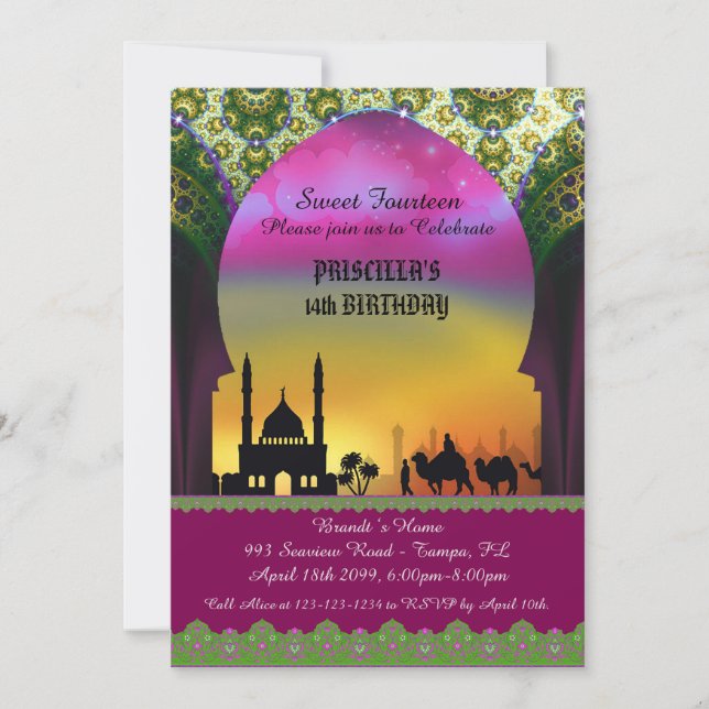 Sweet Fourteen birthday invitation, Arabian night Invitation (Front)