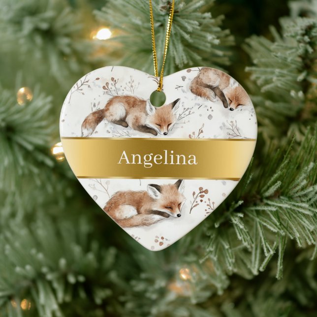 Sweet Fox Gold Ribbon Christmas Ceramic Ornament (Tree)