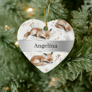 Sweet Fox Silver Ribbon Christmas Ceramic Ornament