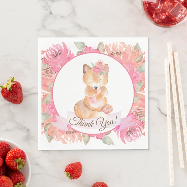 Sweet Fox Watercolor Flowers Baby Shower Napkin (Insitu)