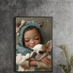 Sweet Friendship: Girl Cuddling Her French Bulldog Poster