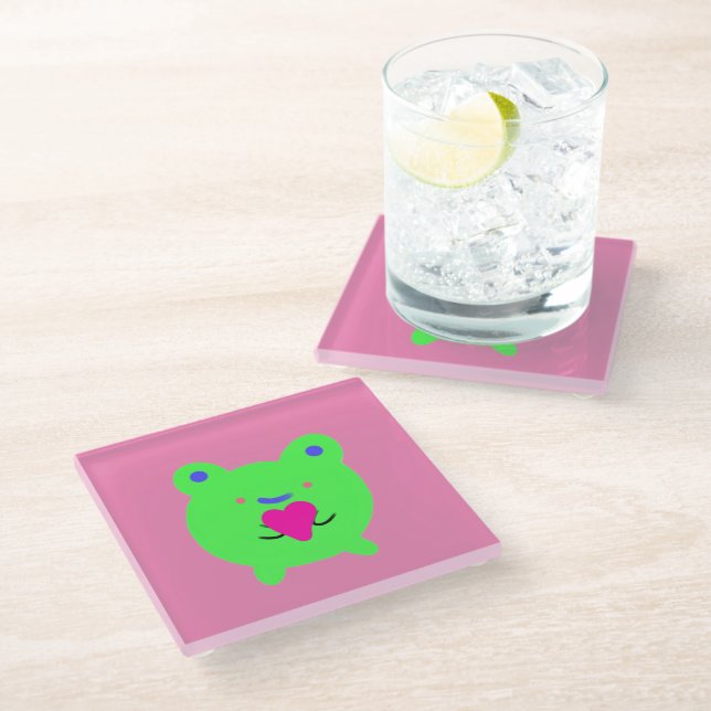 Sweet Frog with Heart Glass Coaster (Angled)