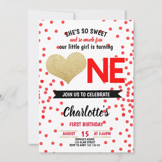 Sweet & Fun Black Red Heart Girl First Birthday Invitation (Front)