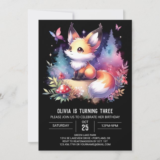 Sweet Fun Fox Birthday digital Invitation (Front)