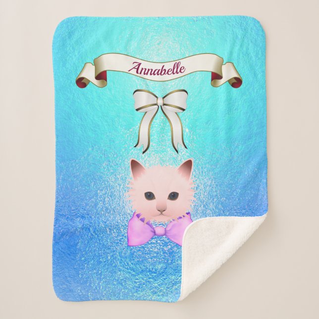 Sweet Funny Cat with Bow Name Personalise Sherpa Blanket (Front)