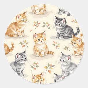 Sweet Ginger and Grey Kitten Watercolor Seamless  Classic Round Sticker