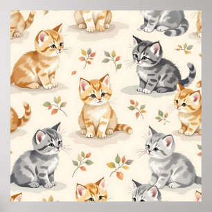 Sweet Ginger and Grey Kitten Watercolor Seamless Poster