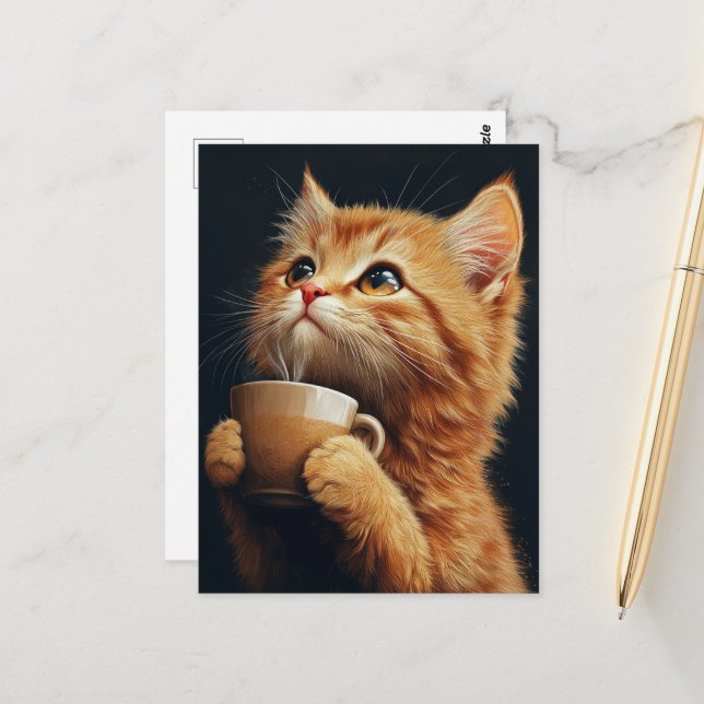 Sweet Ginger Kitty With a Coffee Postcard (Front/Back In Situ)