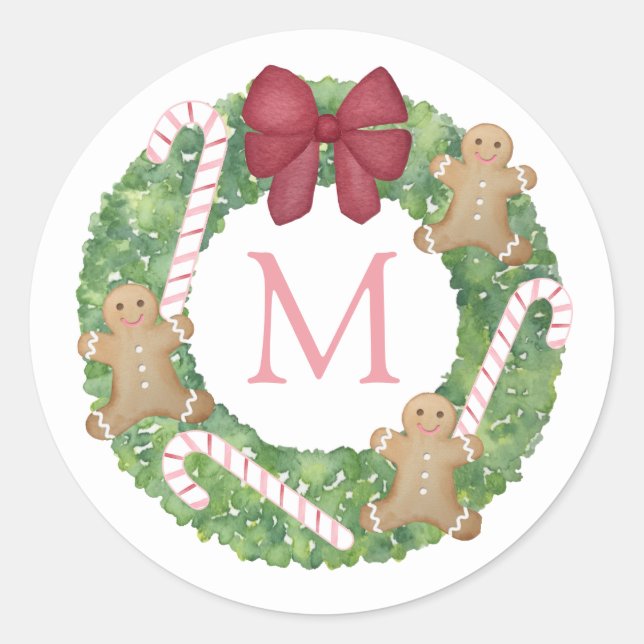Sweet Gingerbread Candy Canes Christmas Wreath Classic Round Sticker (Front)