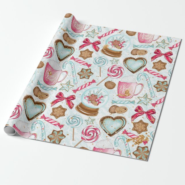 Sweet gingerbread candy snowglobe wrapping paper (Unrolled)