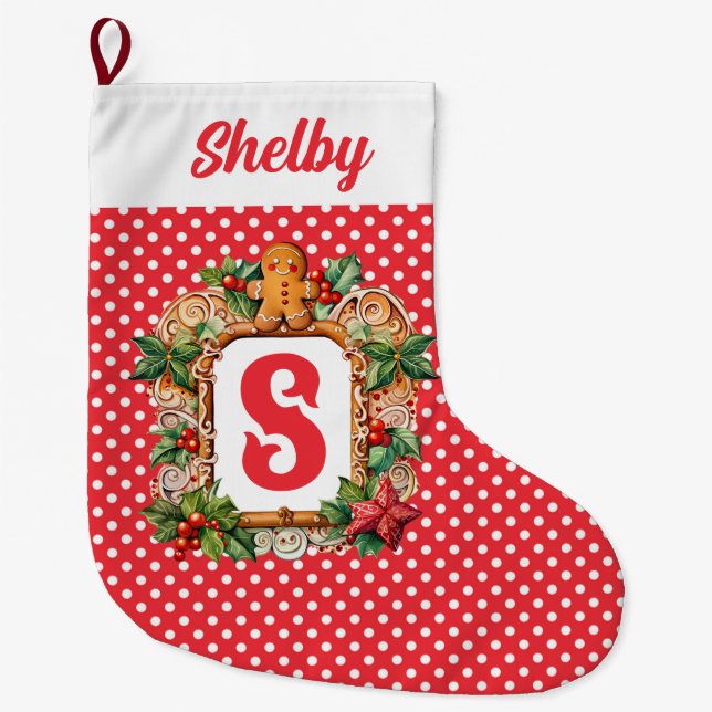 Sweet Gingerbread Monogram Large Christmas Stocking (Front)